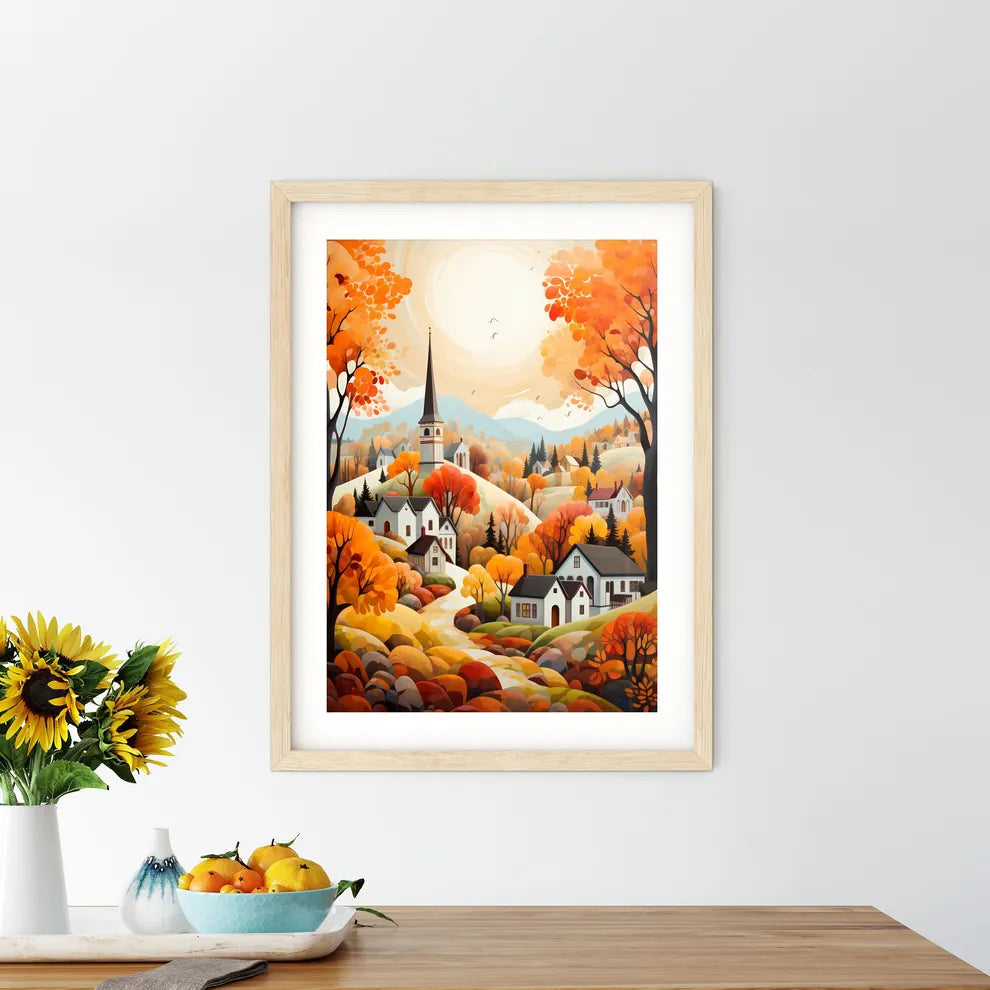 French Autumn - A Painting Of A Village With Trees And A Church Size Chart