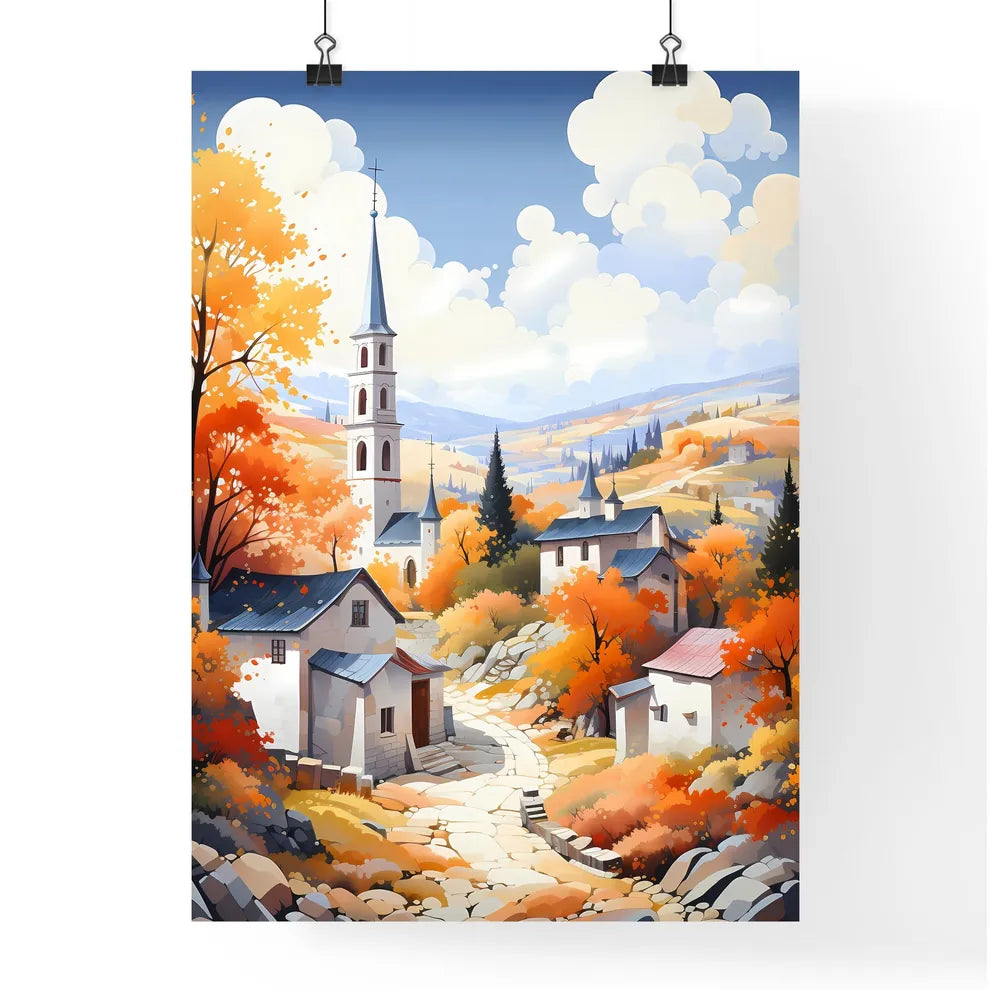French Autumn - A Painting Of A Village With Trees And A Church Poster