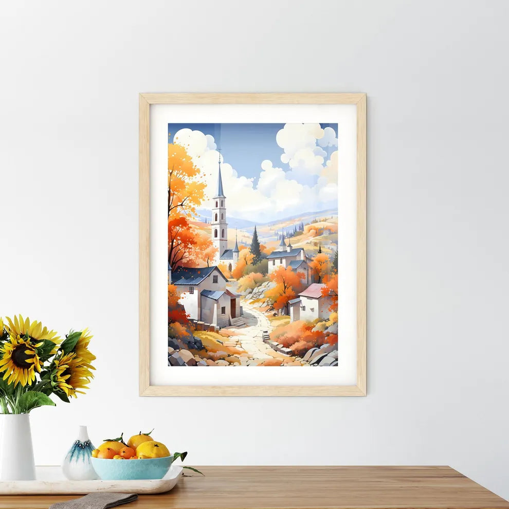 French Autumn - A Painting Of A Village With Trees And A Church Size Chart