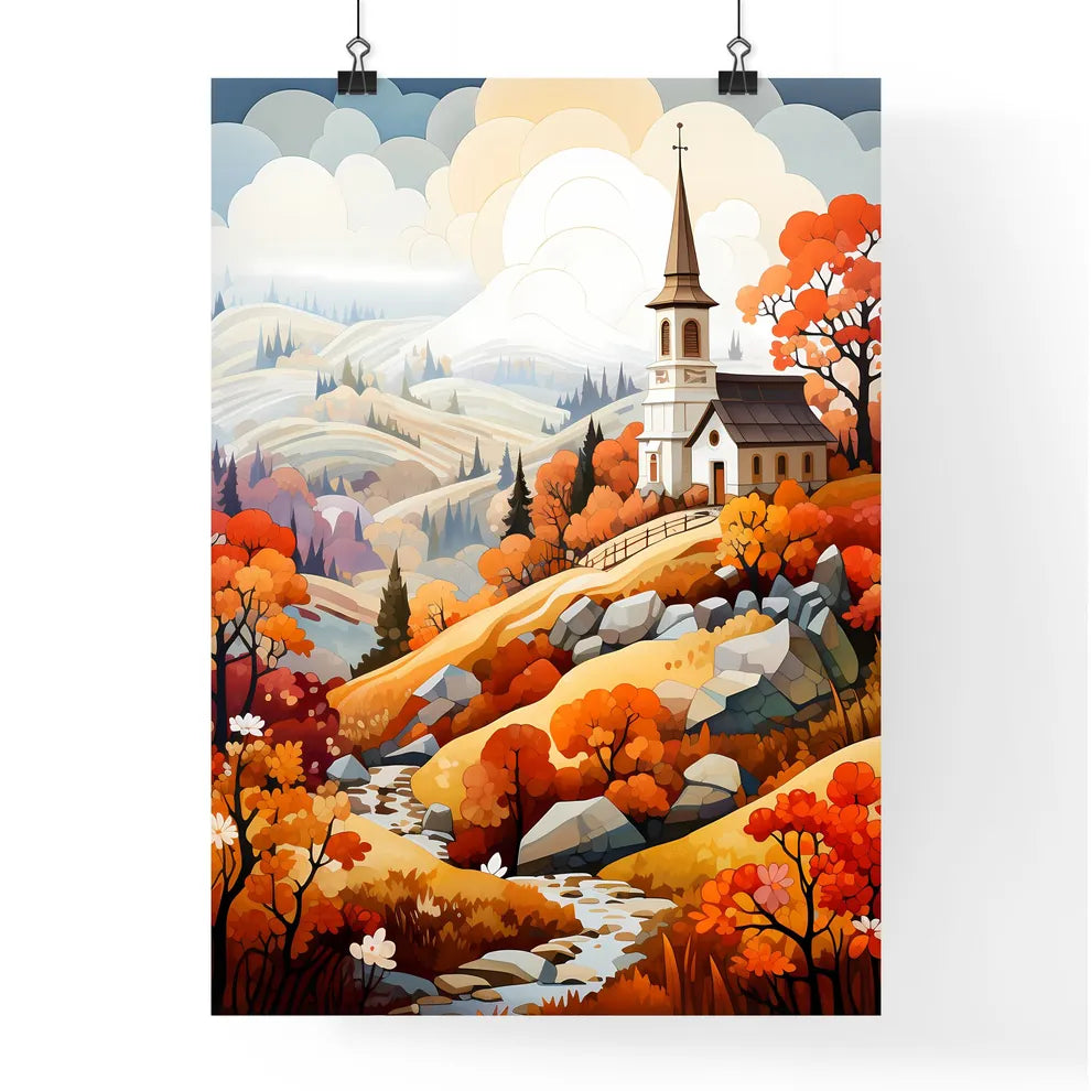 French Autumn - A Church On A Hill With Trees And Hills In The Background Poster