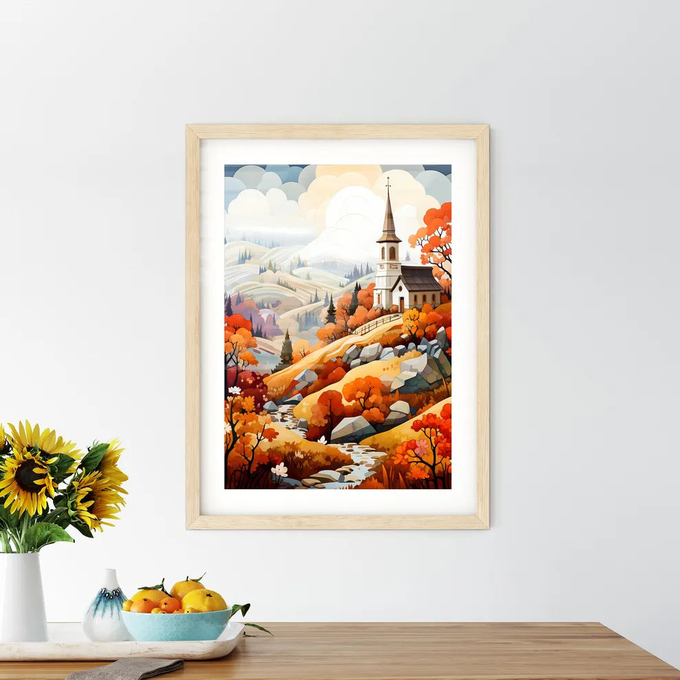 French Autumn - A Church On A Hill With Trees And Hills In The Background Size Chart