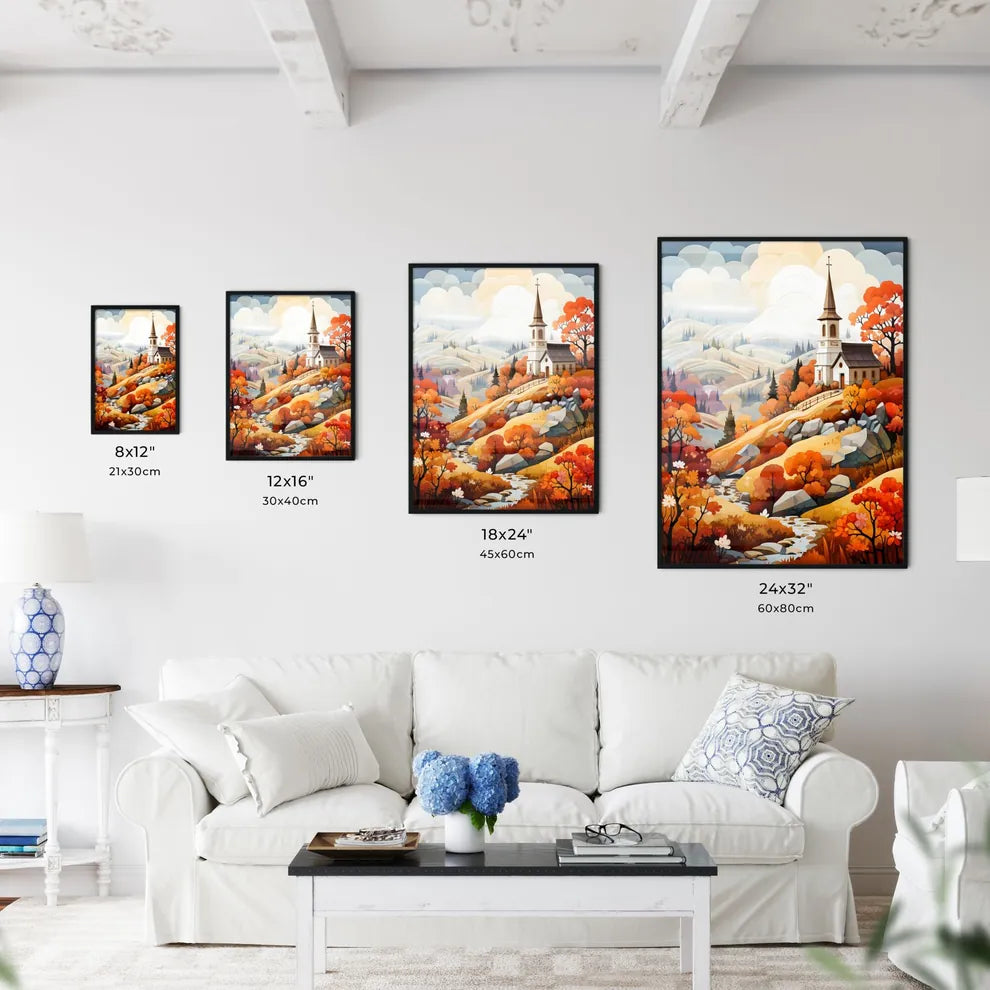 French Autumn - A Church On A Hill With Trees And Hills In The Background Interior Design