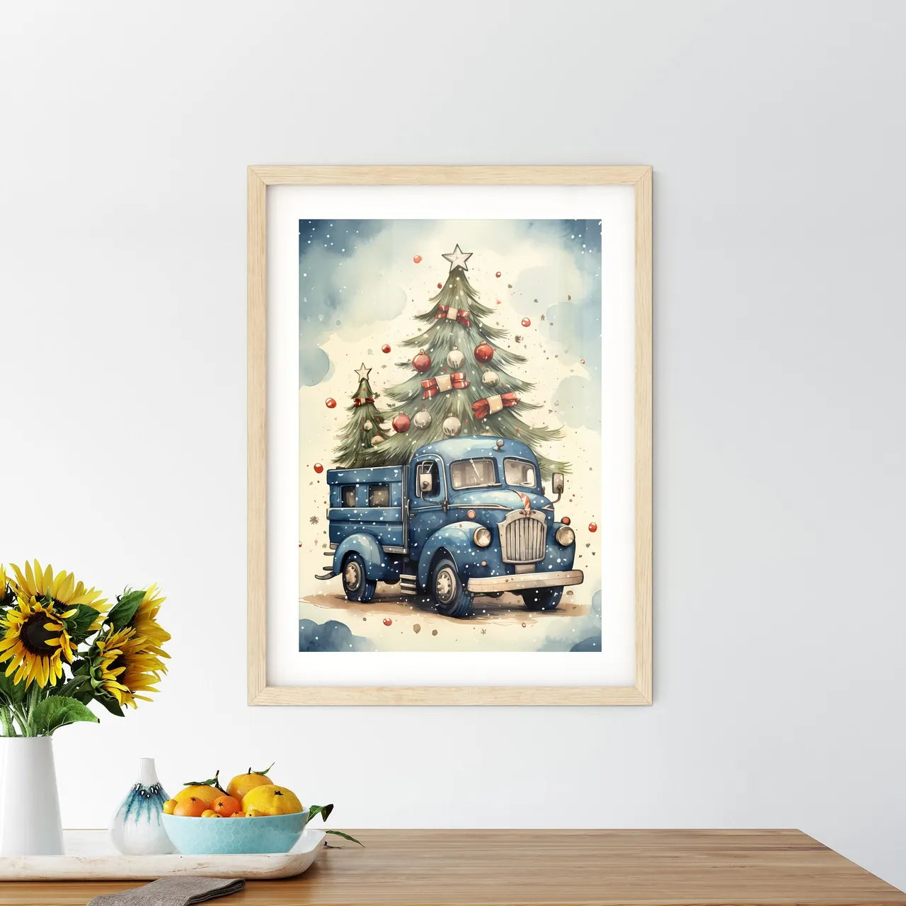 Holiday Greetings Card - A Blue Truck With A - Kitchen Hangings