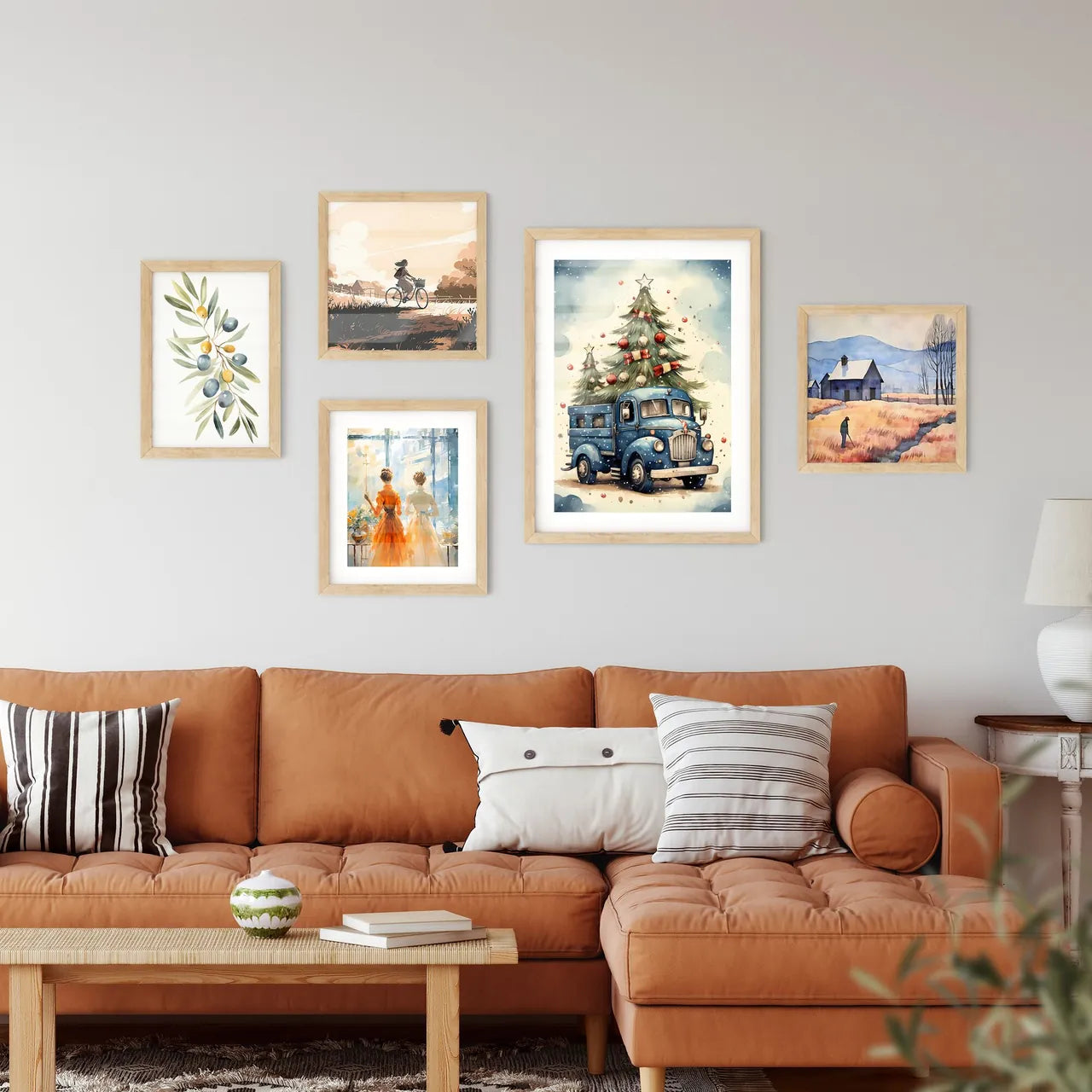 Holiday Greetings Card - A Blue Truck With A Framed Print
