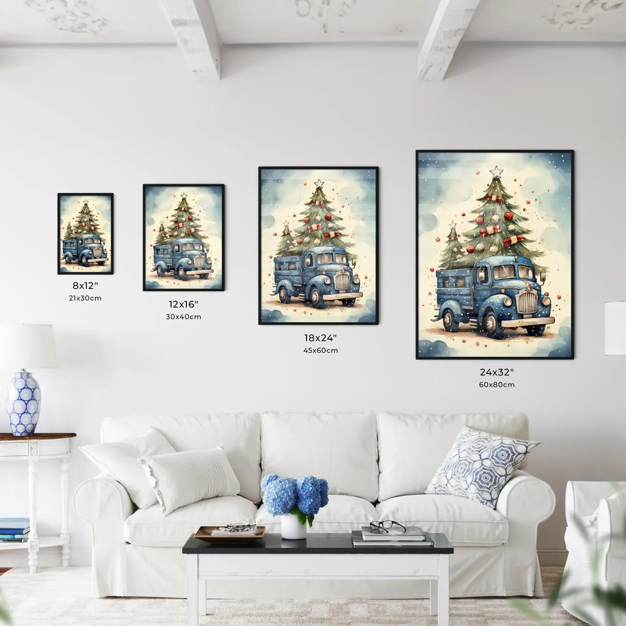 Holiday Greetings Card - A Blue Truck With A Wall Art