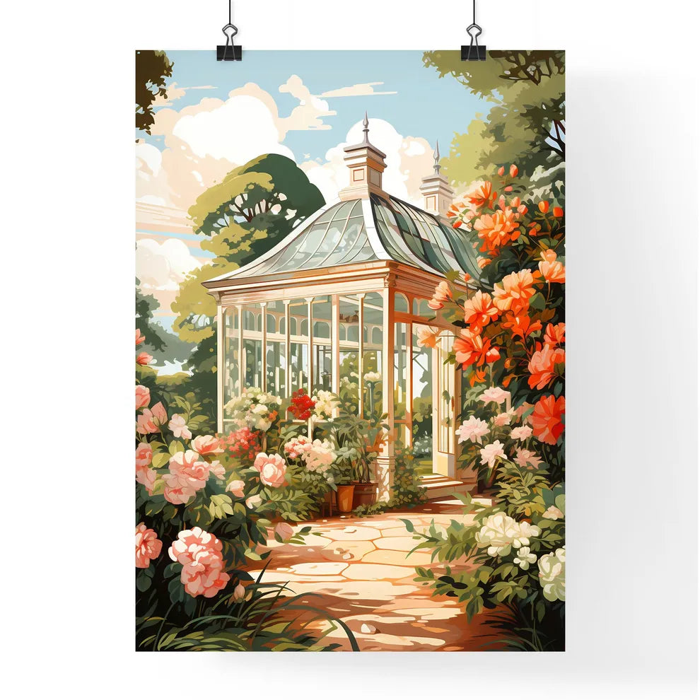 Home - A Painting Of A Glass House With Flowers Poster