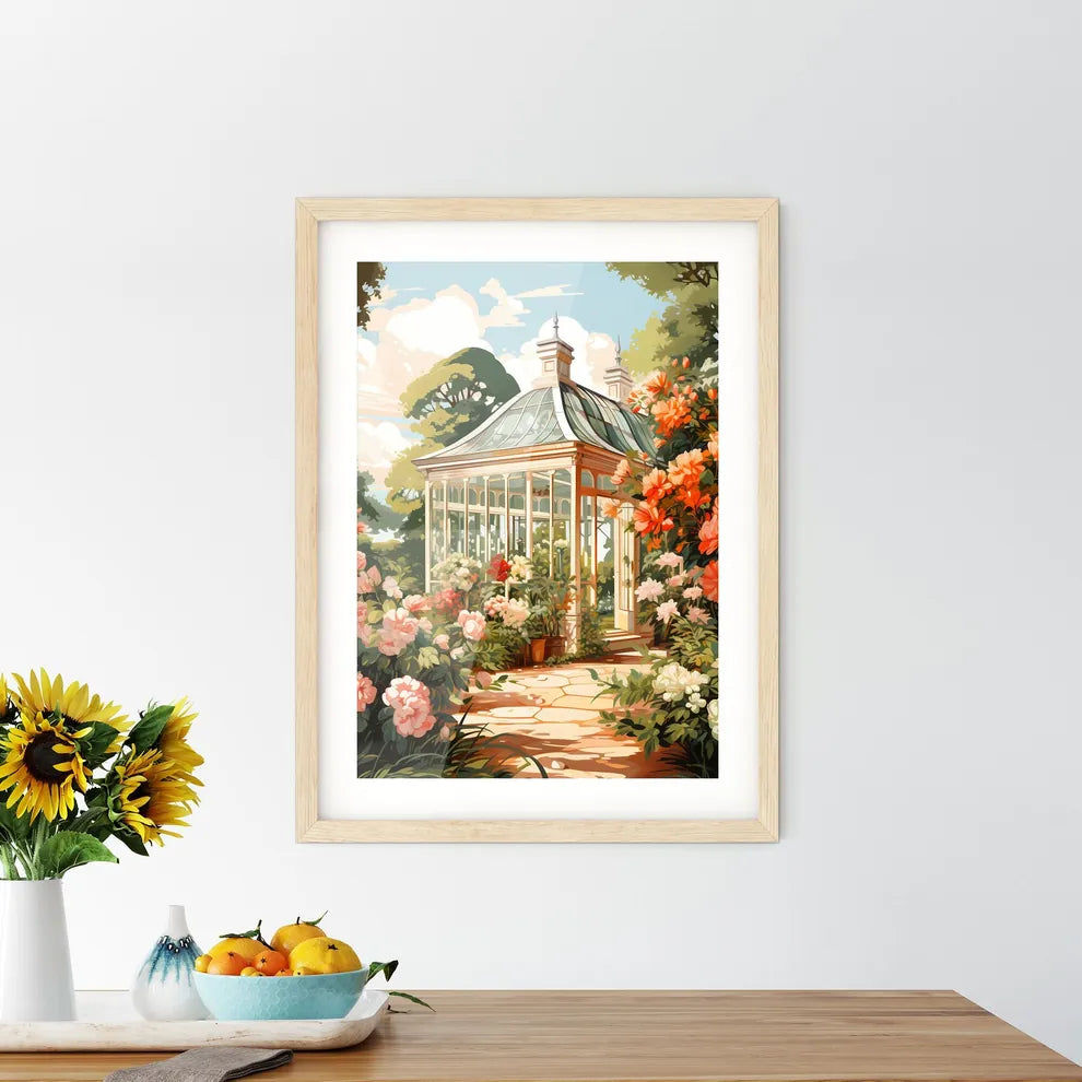 Home - A Painting Of A Glass House With Flowers Size Chart