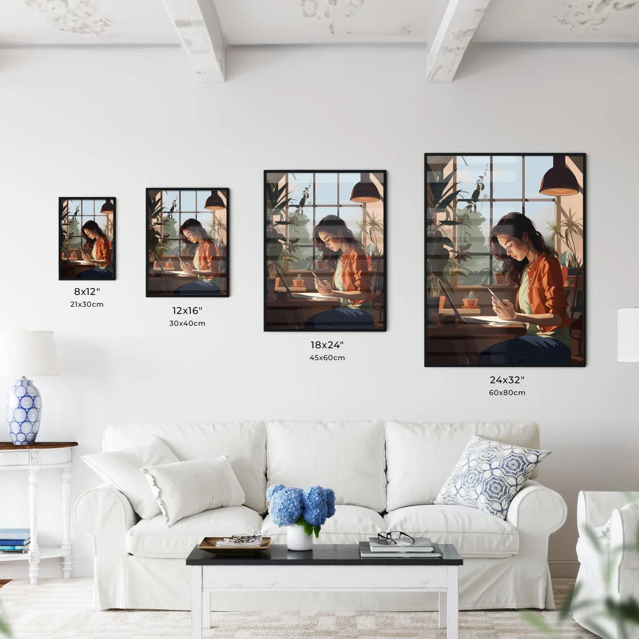 Homeoffice - A Woman Sitting At A Table With Wall Art