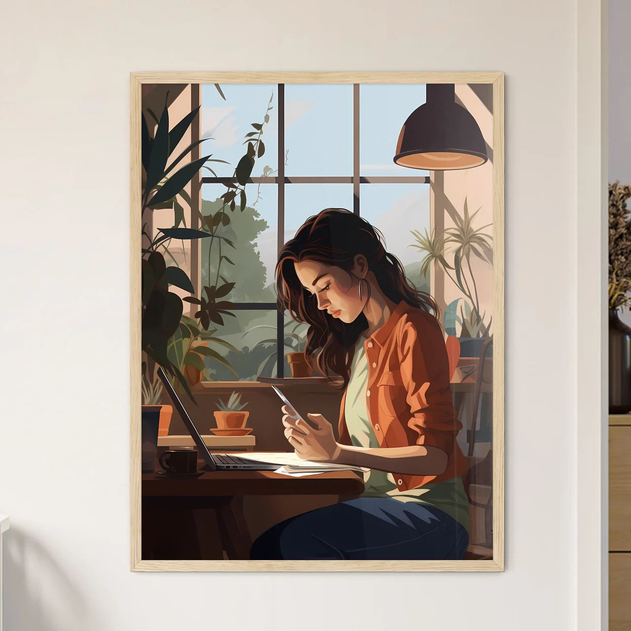 Homeoffice - A Woman Sitting At A Table With - Framed Art Print