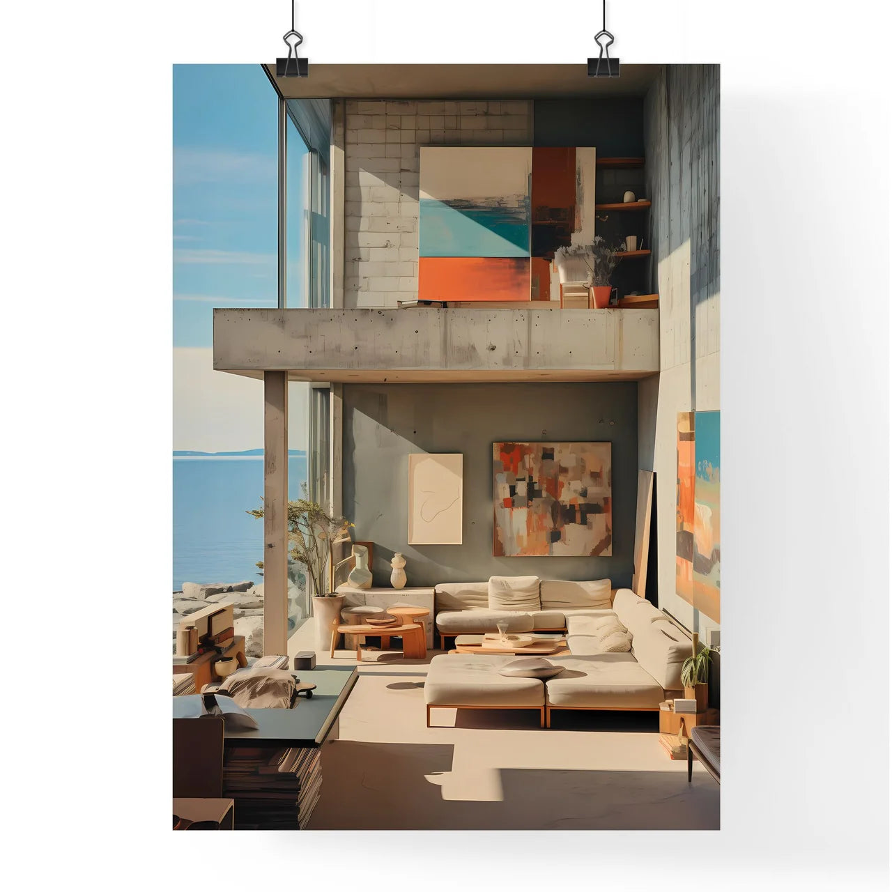 Modernism - A Living Room With A Large Balcony Overlooking The Water Poster