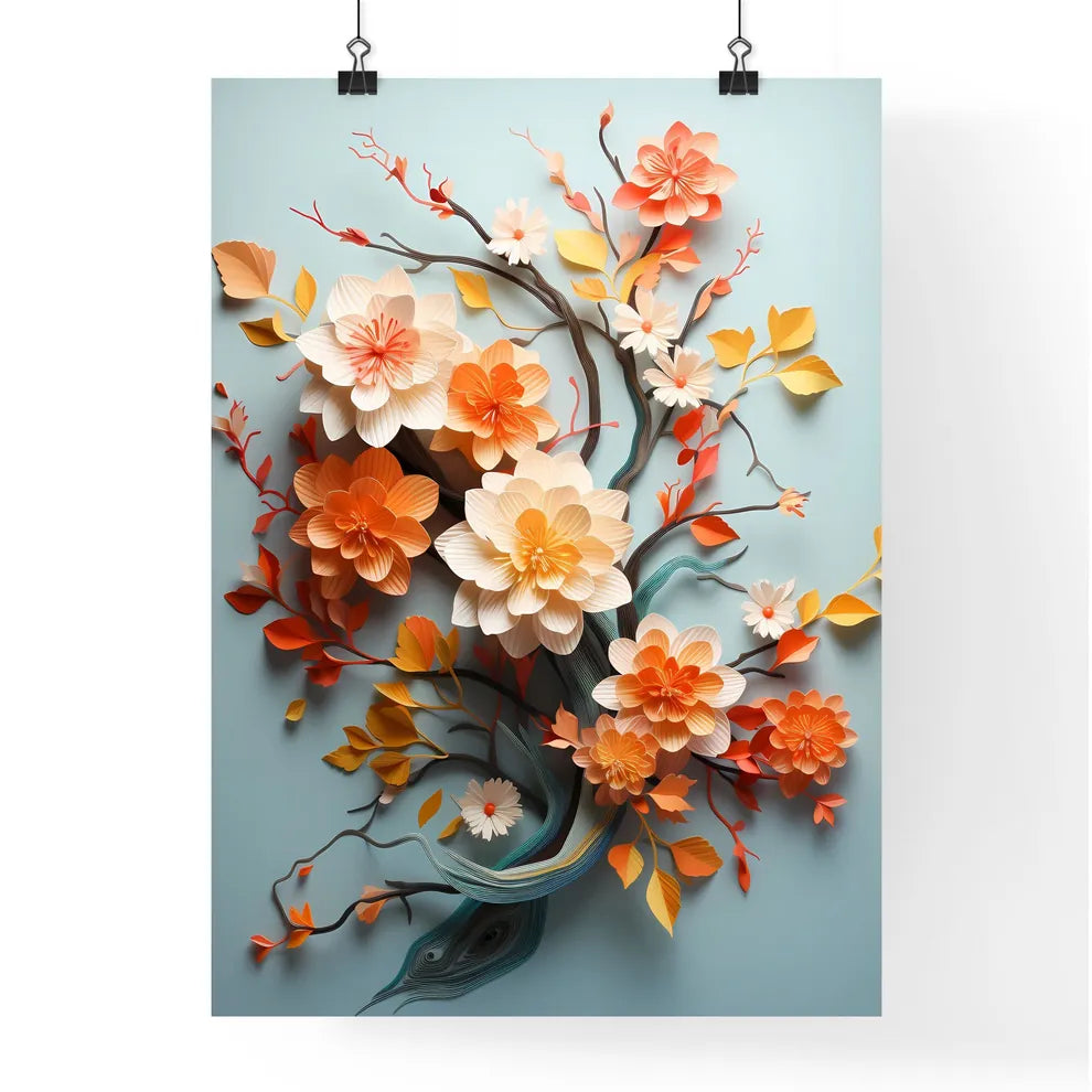 Papercut 3D - A Paper Flowers On A Blue Back Poster