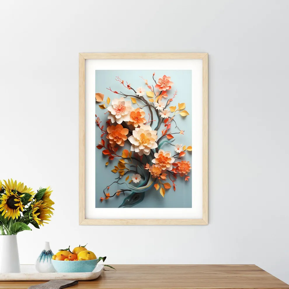 Papercut 3D - A Paper Flowers On A Blue Back - Kitchen Hangings