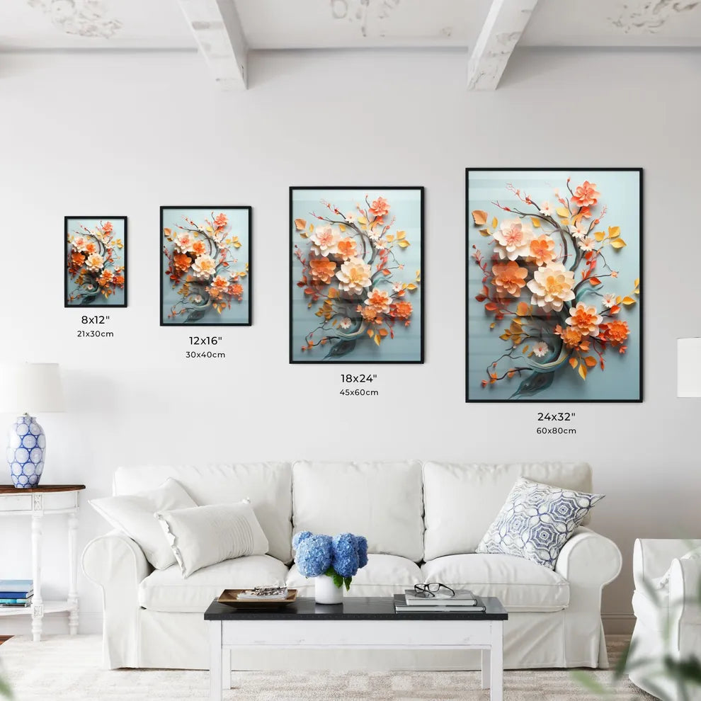 Papercut 3D - A Paper Flowers On A Blue Back Wall Art