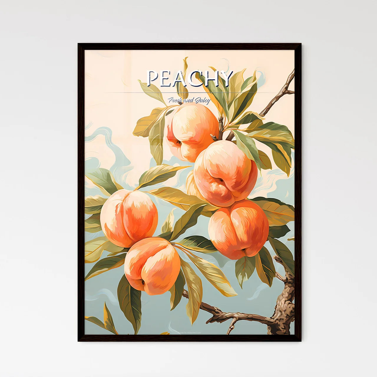 Peaches On A Tree Branch With Leaves And A B - Framed Art Print