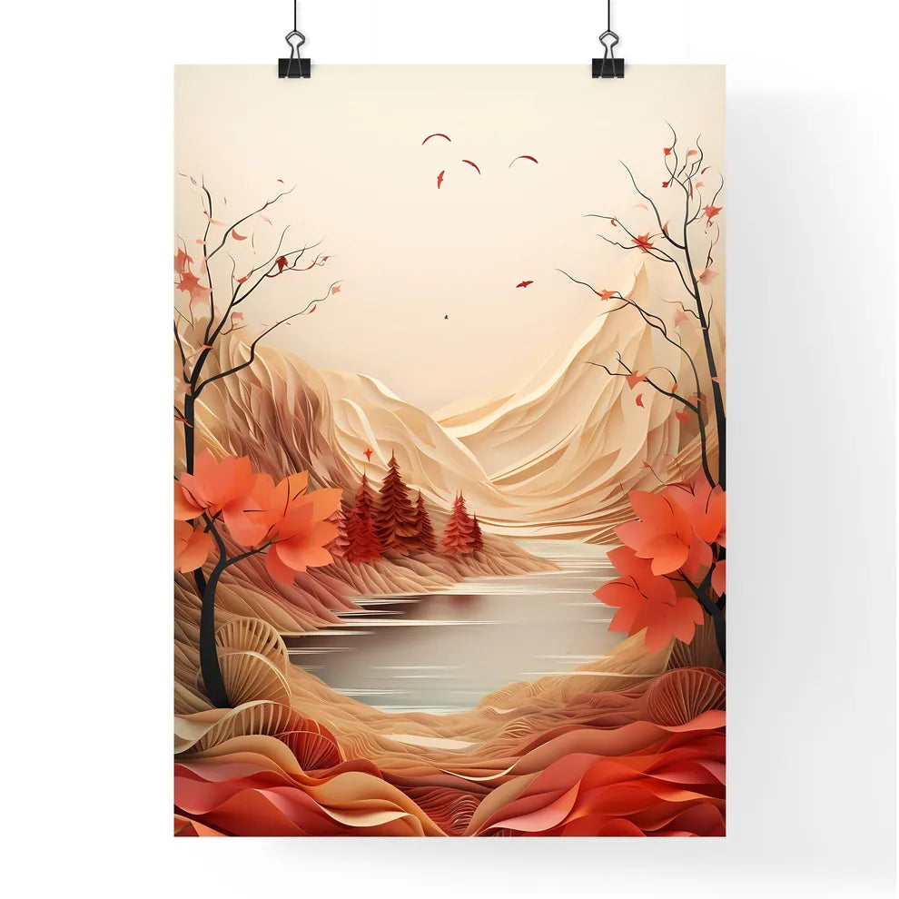 Red Fall - A Landscape With Trees And A Rive Poster