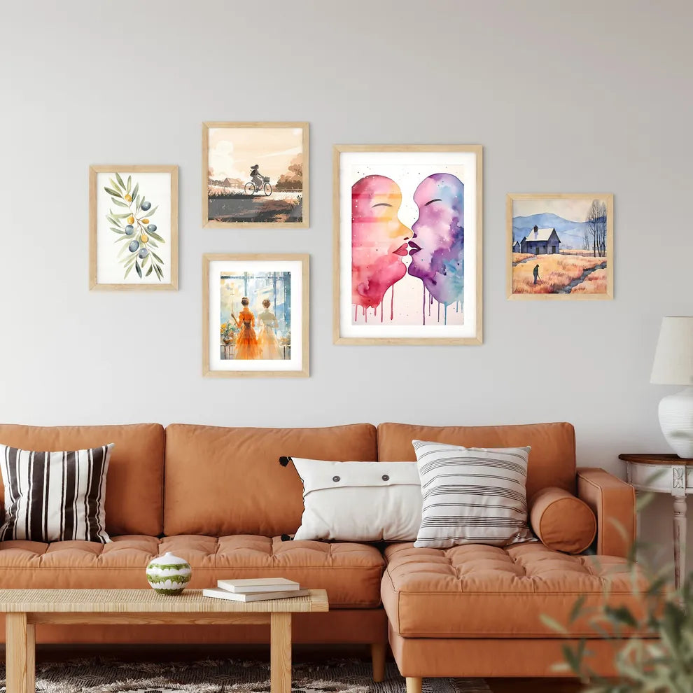 The Kiss 1 - A Watercolor Of Two Face Framed Print