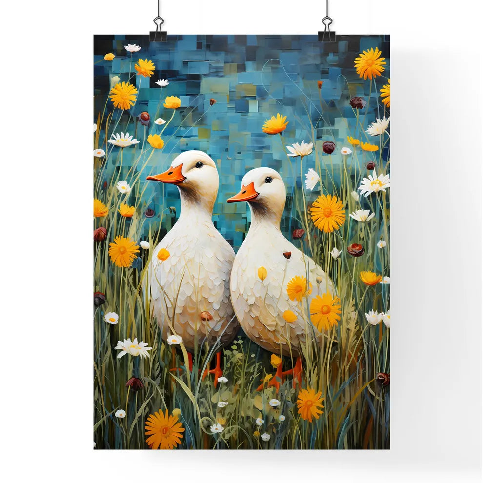 Two Ducks In A Field Of Flowe Poster
