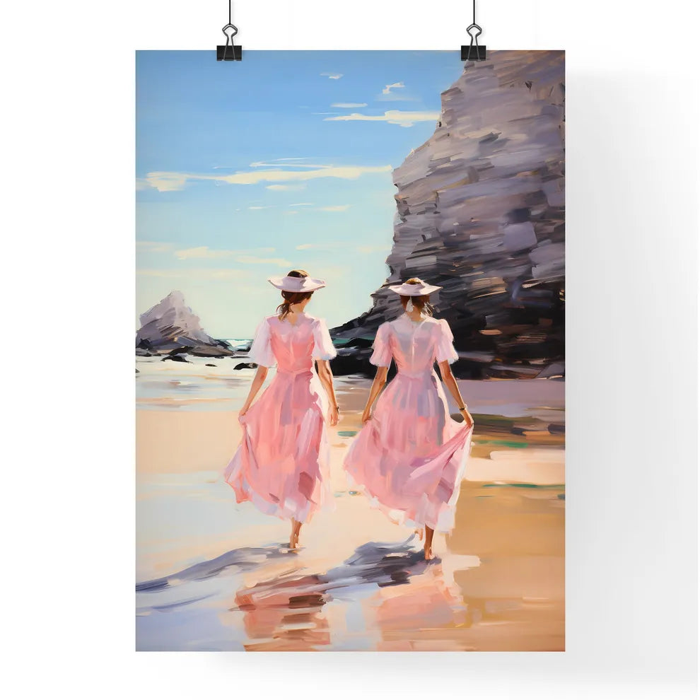 Two Women In Pink Dresses Walking On A Beac Poster