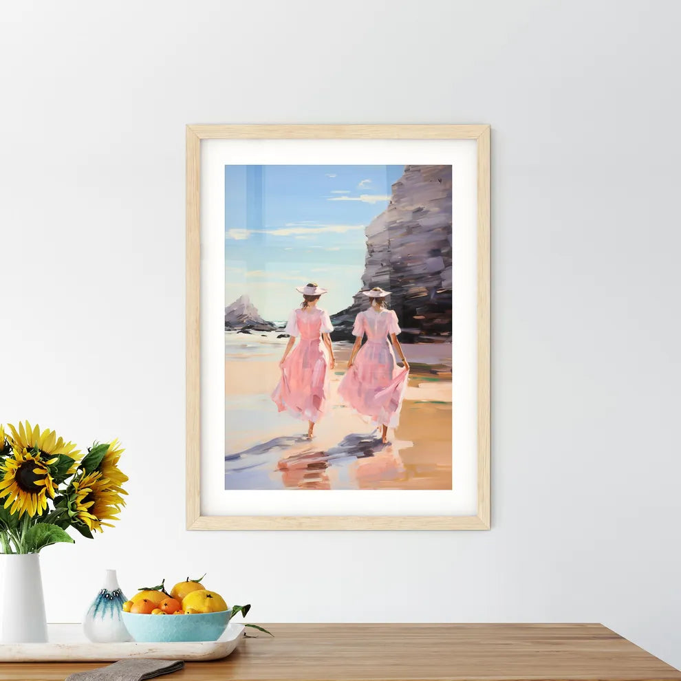 Two Women In Pink Dresses Walking On A Beac - Kitchen Hangings