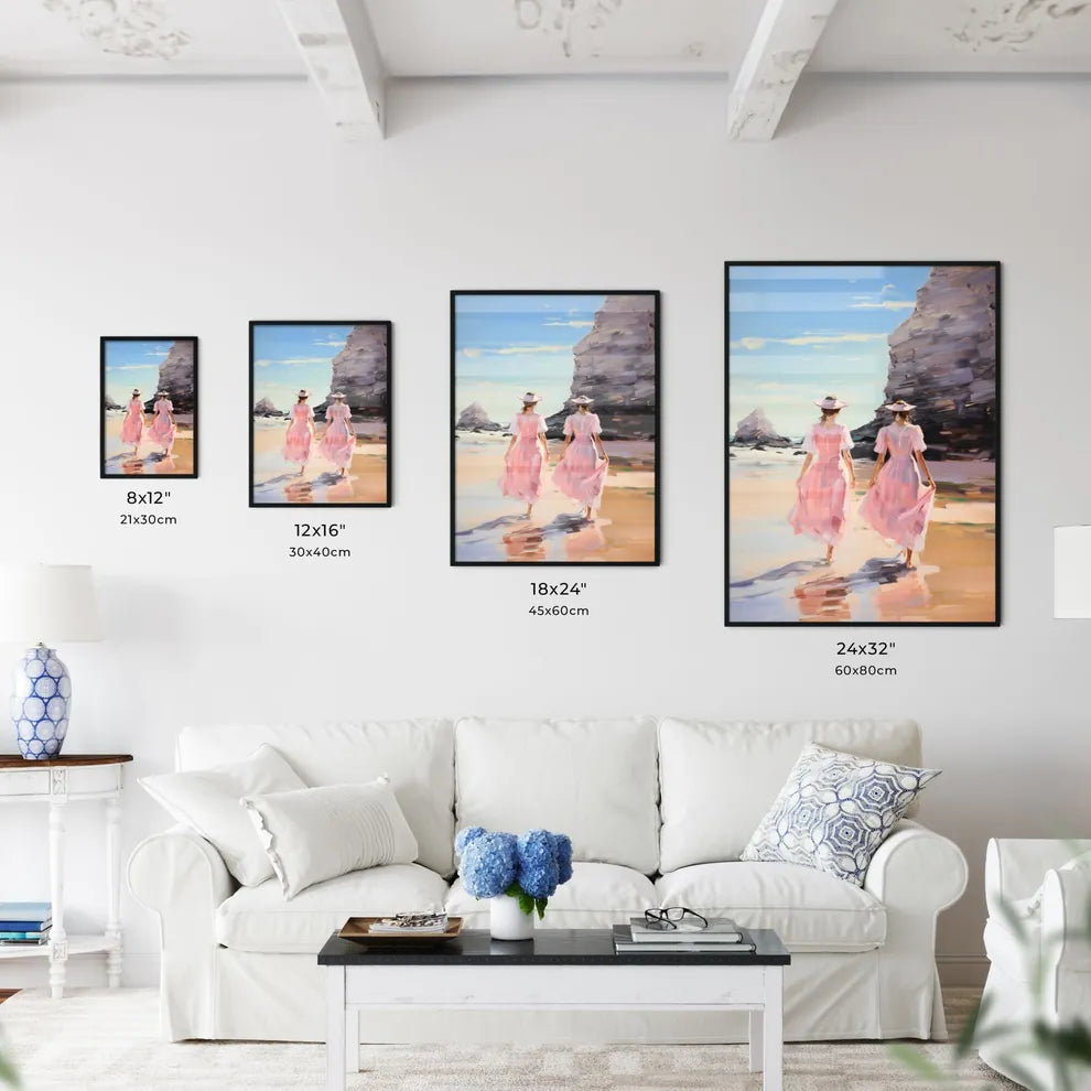 Two Women In Pink Dresses Walking On A Beac Wall Art