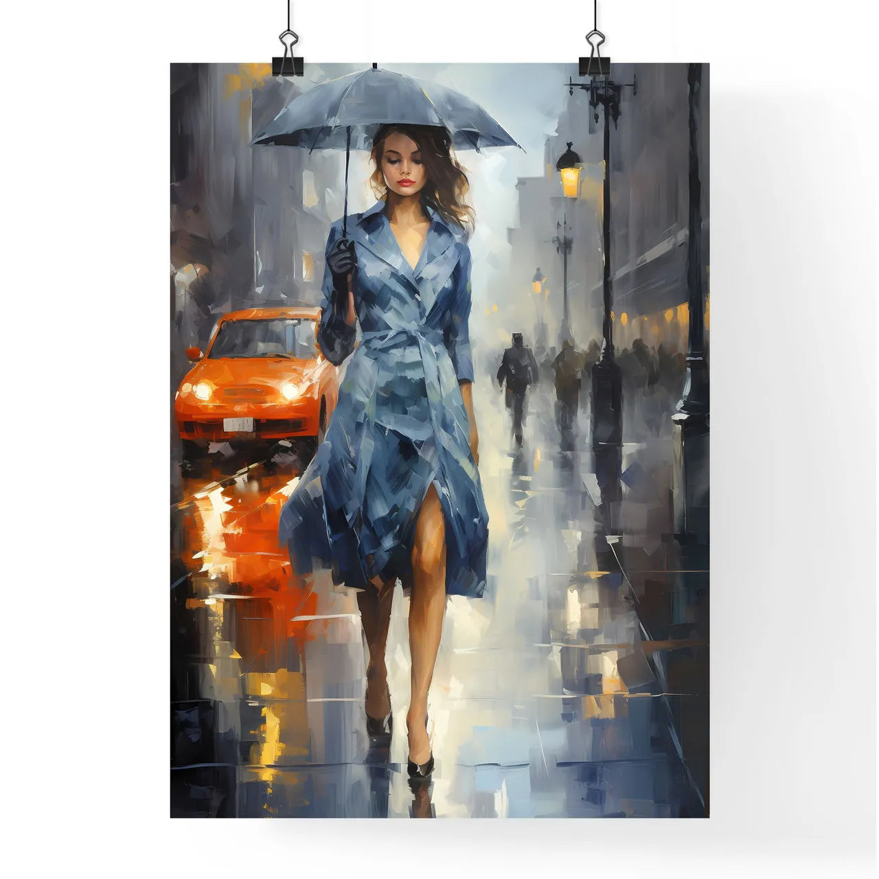 Urban Art - A Woman Walking Down A Street Holding An Umbrella Poster