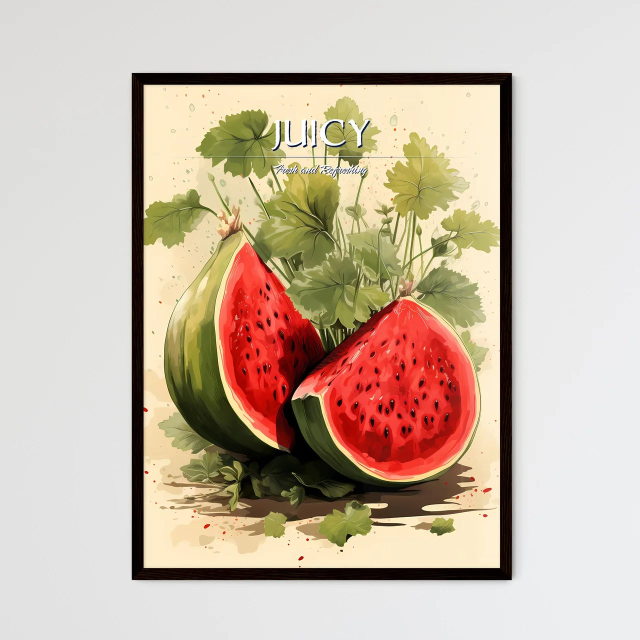 Watermelon Cut In Half With Leave - Framed Art Print