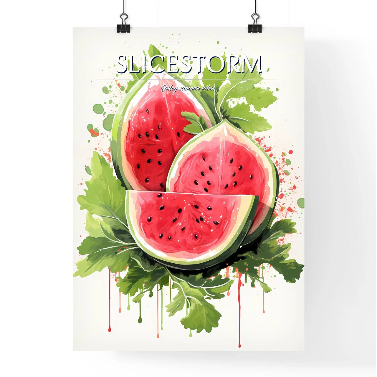 Watermelon Slices With Leaves And Splatter P Poster