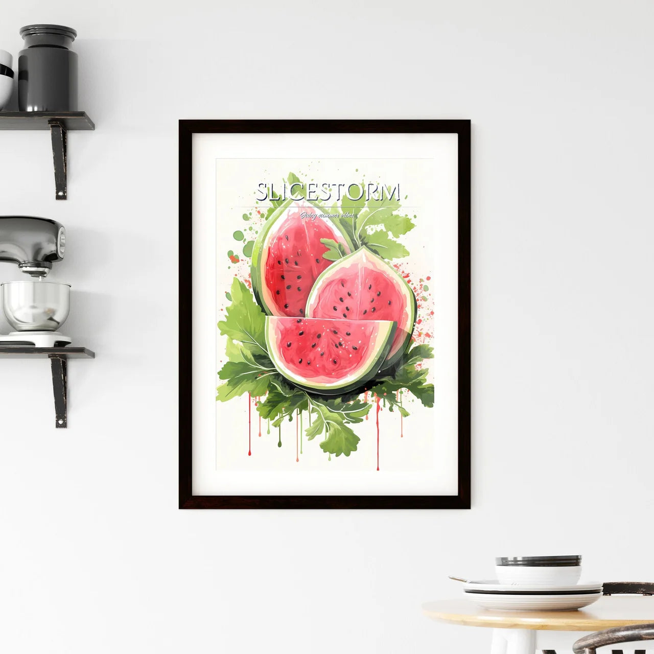 Watermelon Slices With Leaves And Splatter P Framed Print