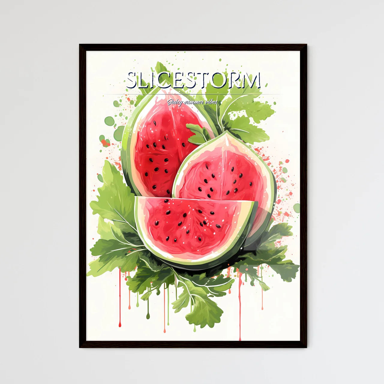 Watermelon Slices With Leaves And Splatter P - Framed Art Print