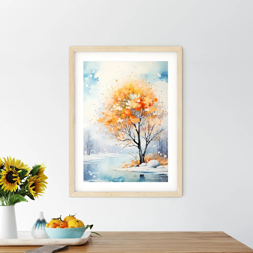 Winter - A Painting Of A Tree With Orange Le - Kitchen Hangings