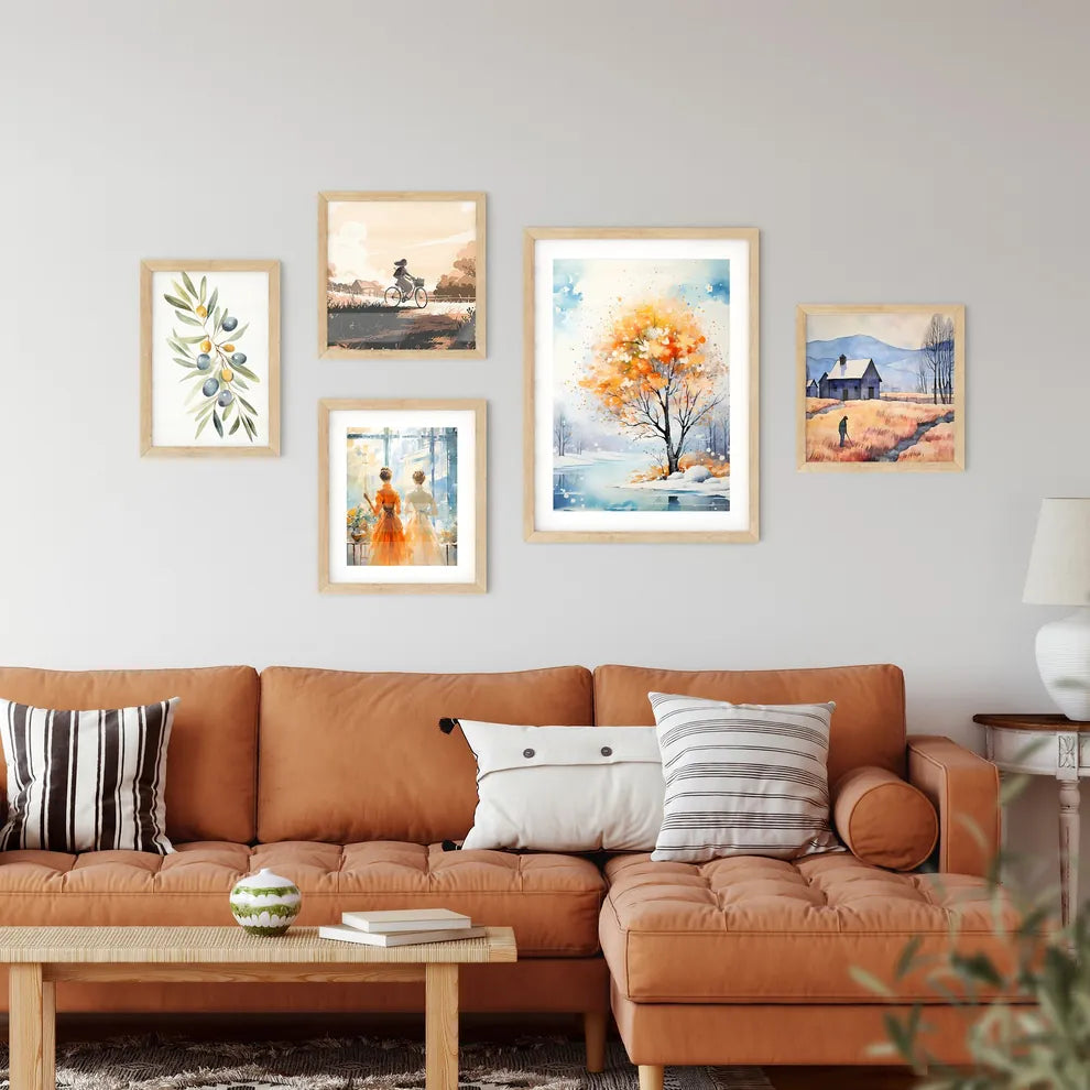 Winter - A Painting Of A Tree With Orange Le Framed Print