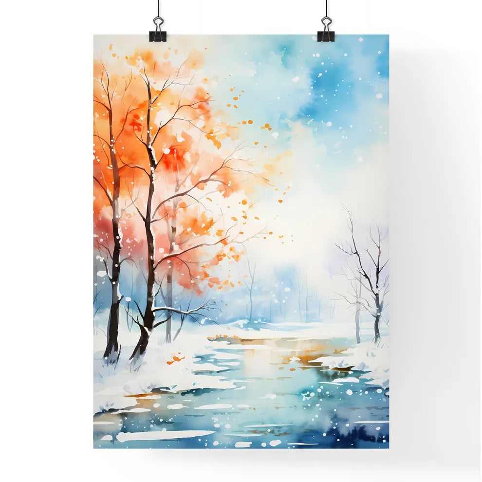 Winter - Watercolor Painting Of Trees And Sn Poster