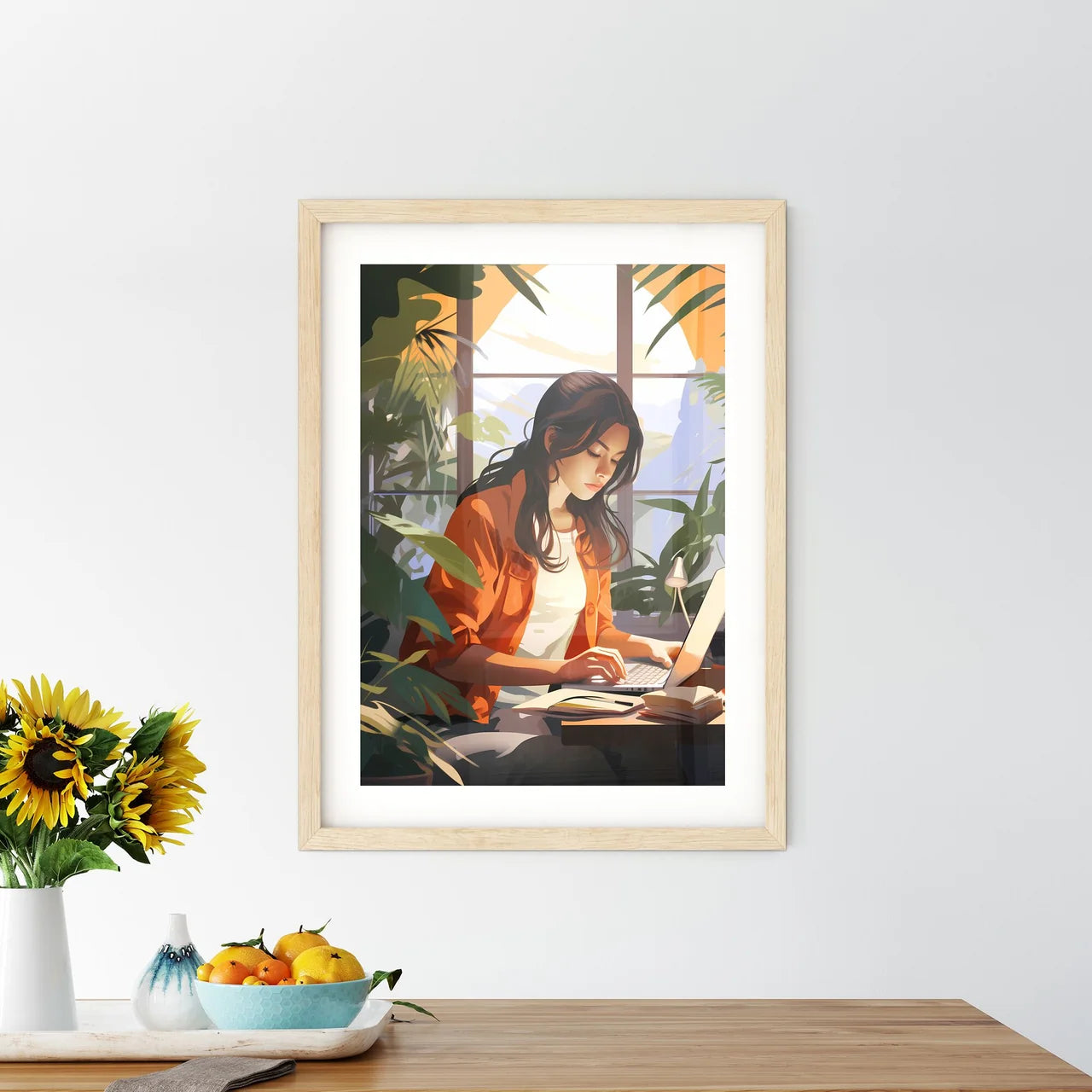 Working From Home - A Woman Sitting At A Des - Kitchen Hangings
