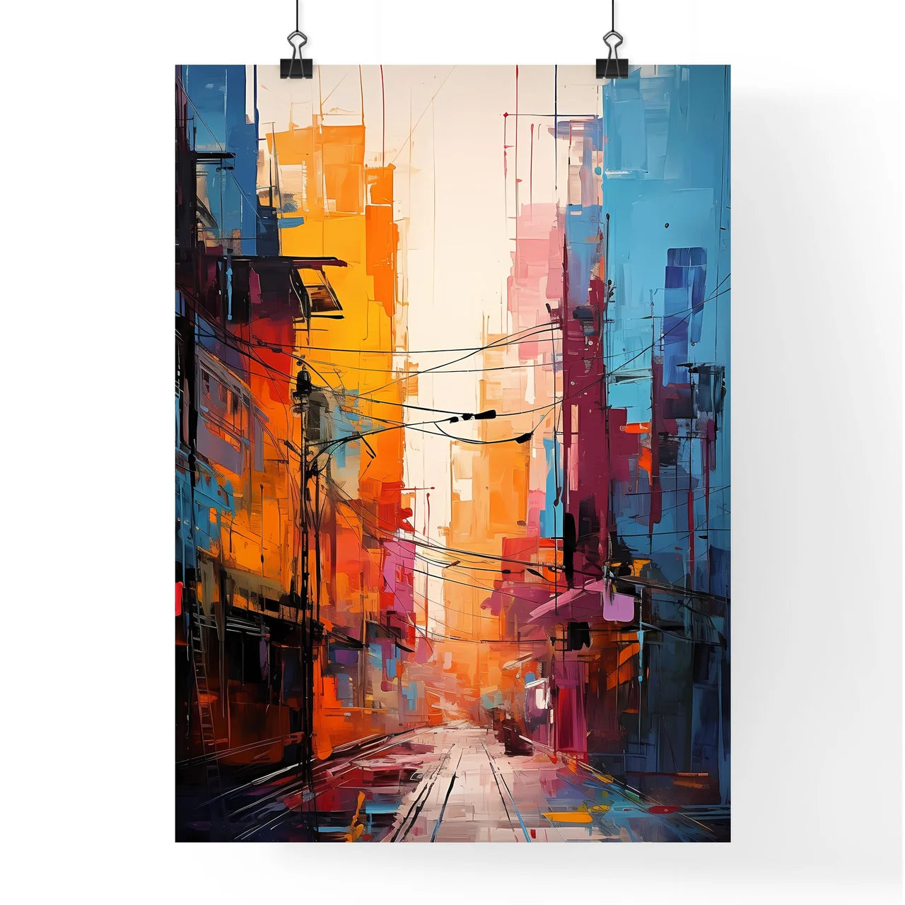 Abstract Art Of Cityscapeillustration Painting - A Painting Of A Street With Buildings And Power Lines Poster