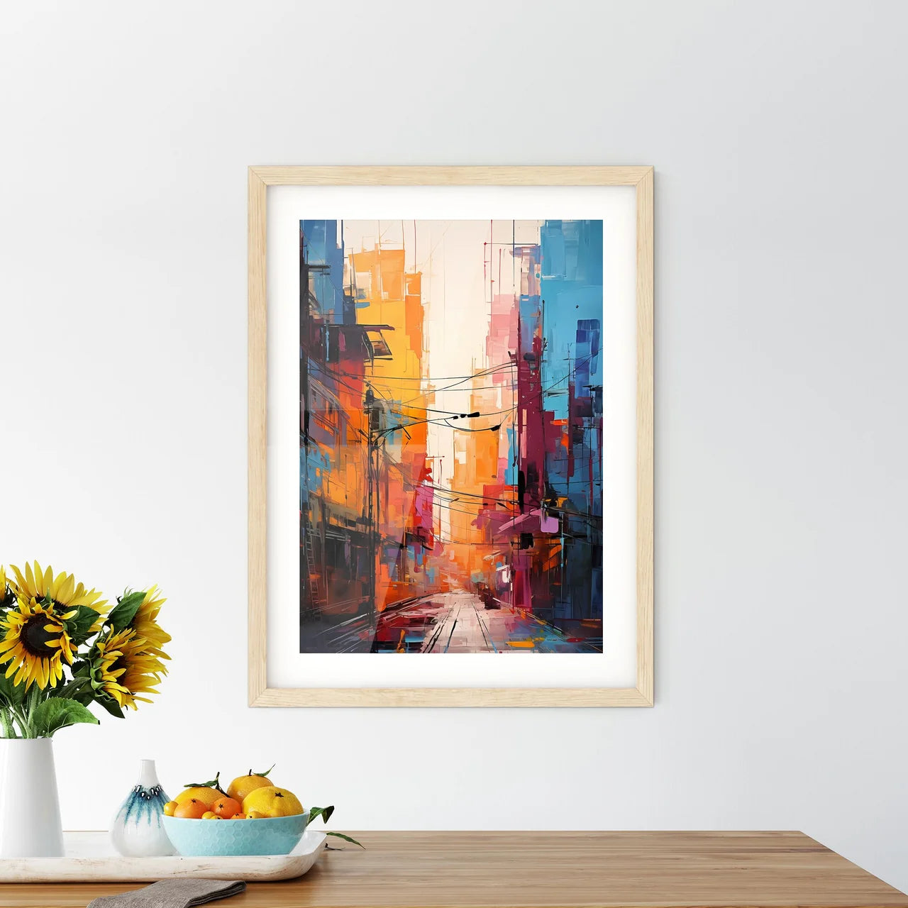 Abstract Art Of Cityscapeillustration Painting - A Painting Of A Street With Buildings And Power Lines Custom Print