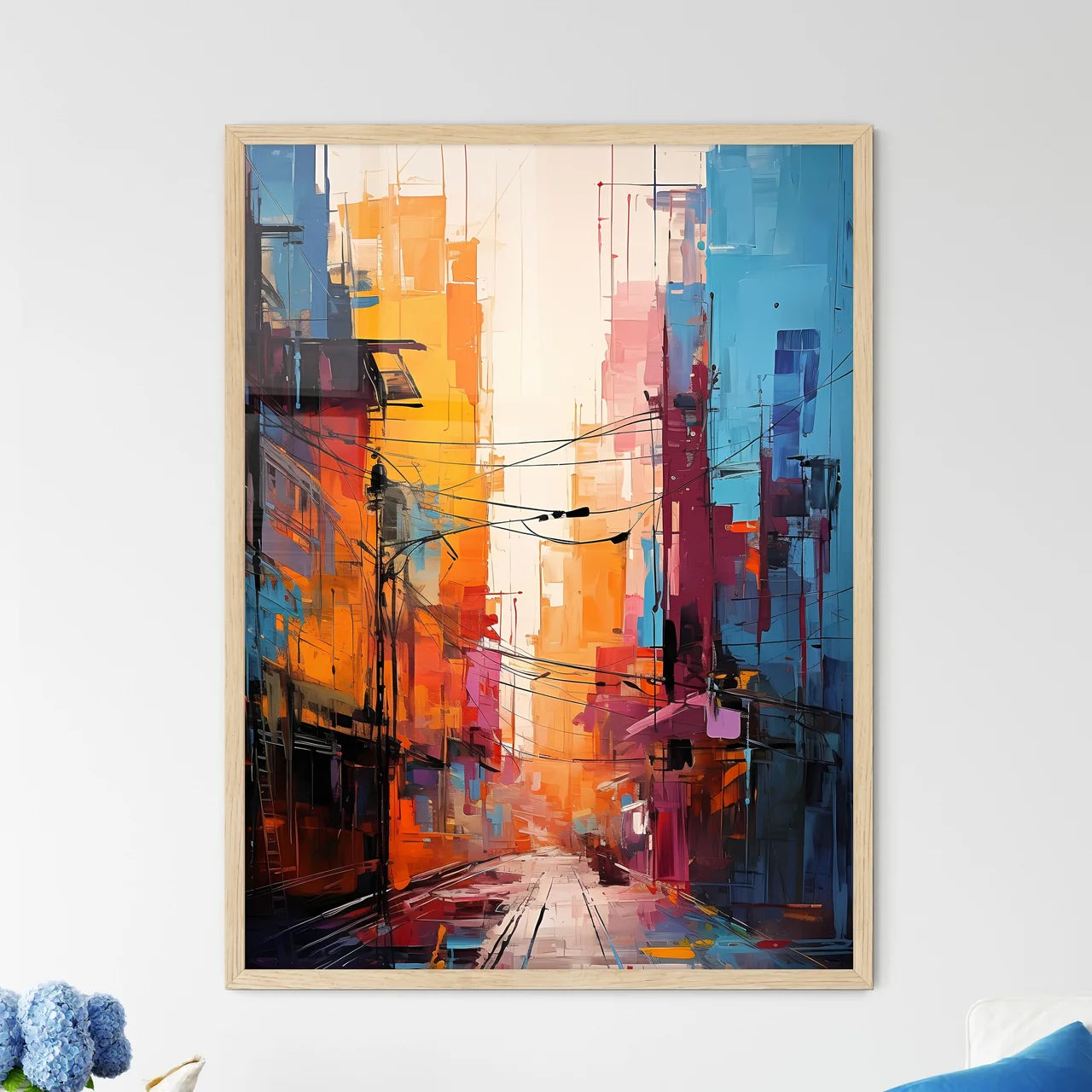Abstract Art Of Cityscapeillustration Painting - A Painting Of A Street With Buildings And Power Lines Framed Art