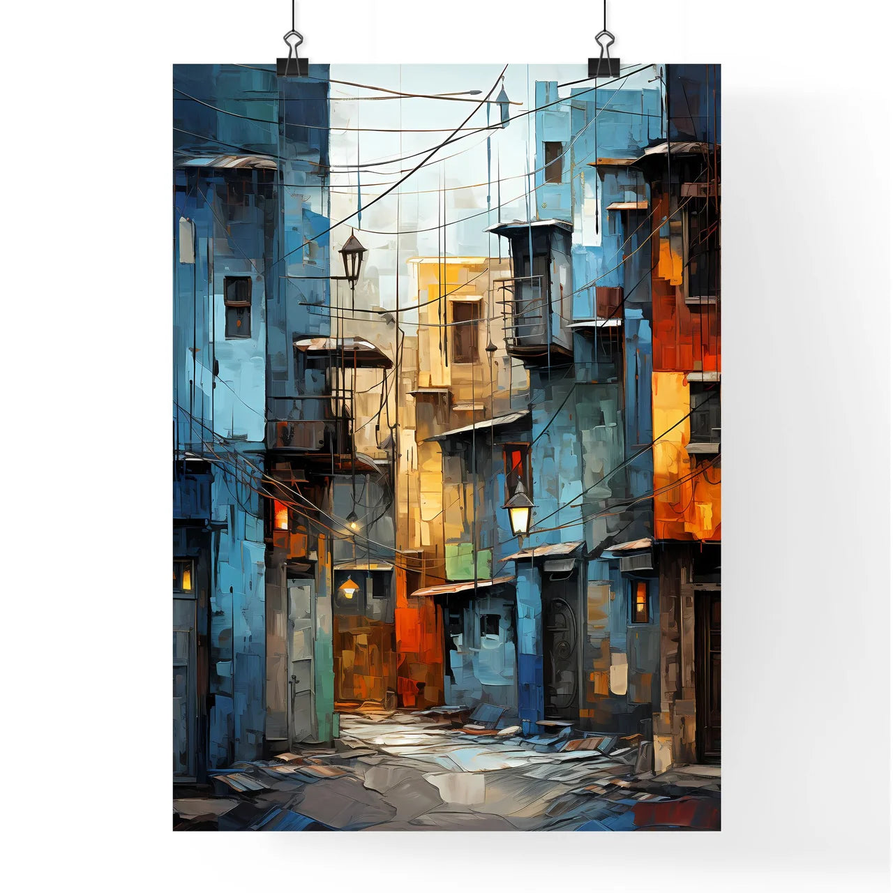 Abstract Art Of Cityscapeillustration Painting - A Street With Buildings And Street Lights Poster