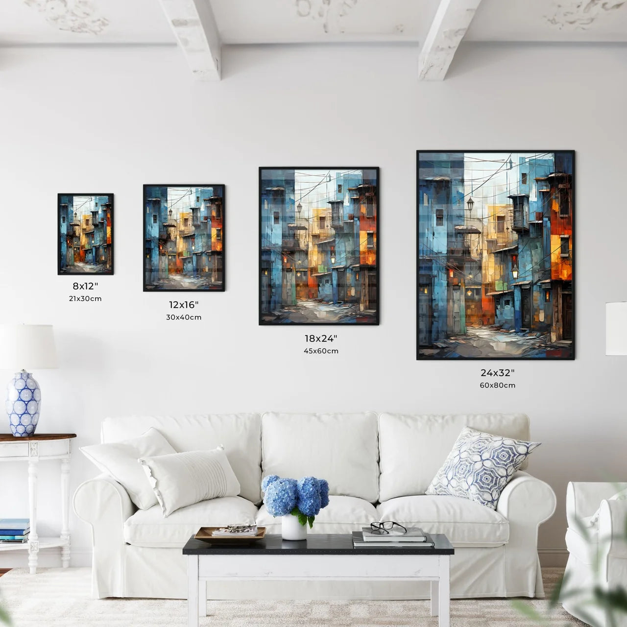 Abstract Art Of Cityscapeillustration Painting - A Street With Buildings And Street Lights Size Chart