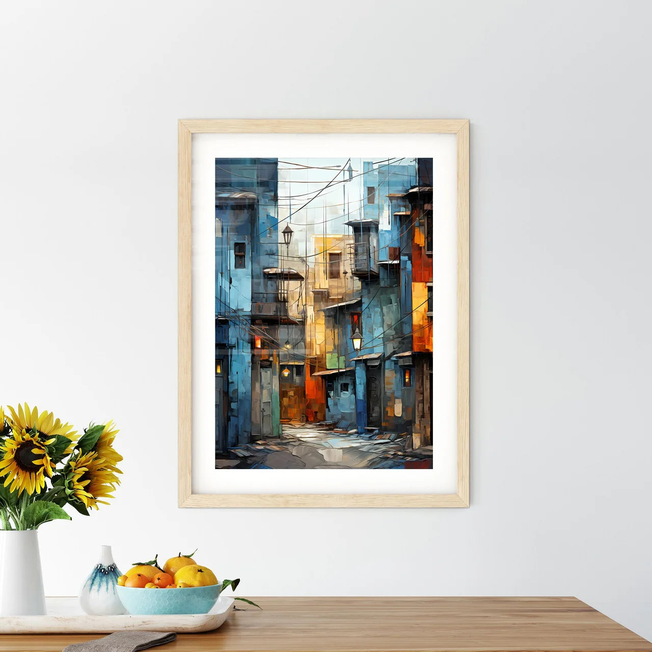 Abstract Art Of Cityscapeillustration Painting - A Street With Buildings And Street Lights Custom Print