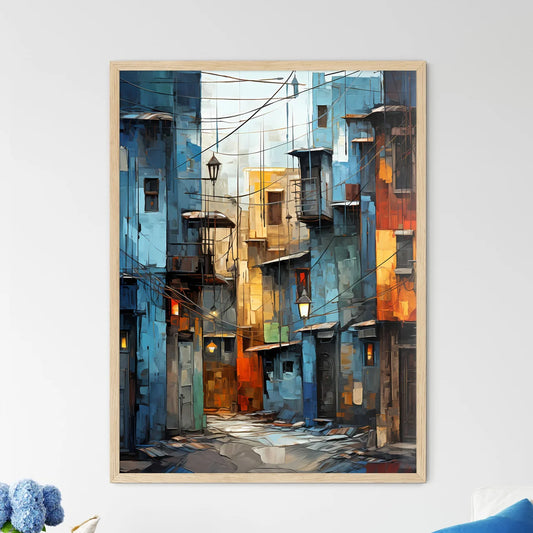 Abstract Art Of Cityscapeillustration Painting - A Street With Buildings And Street Lights Framed Art