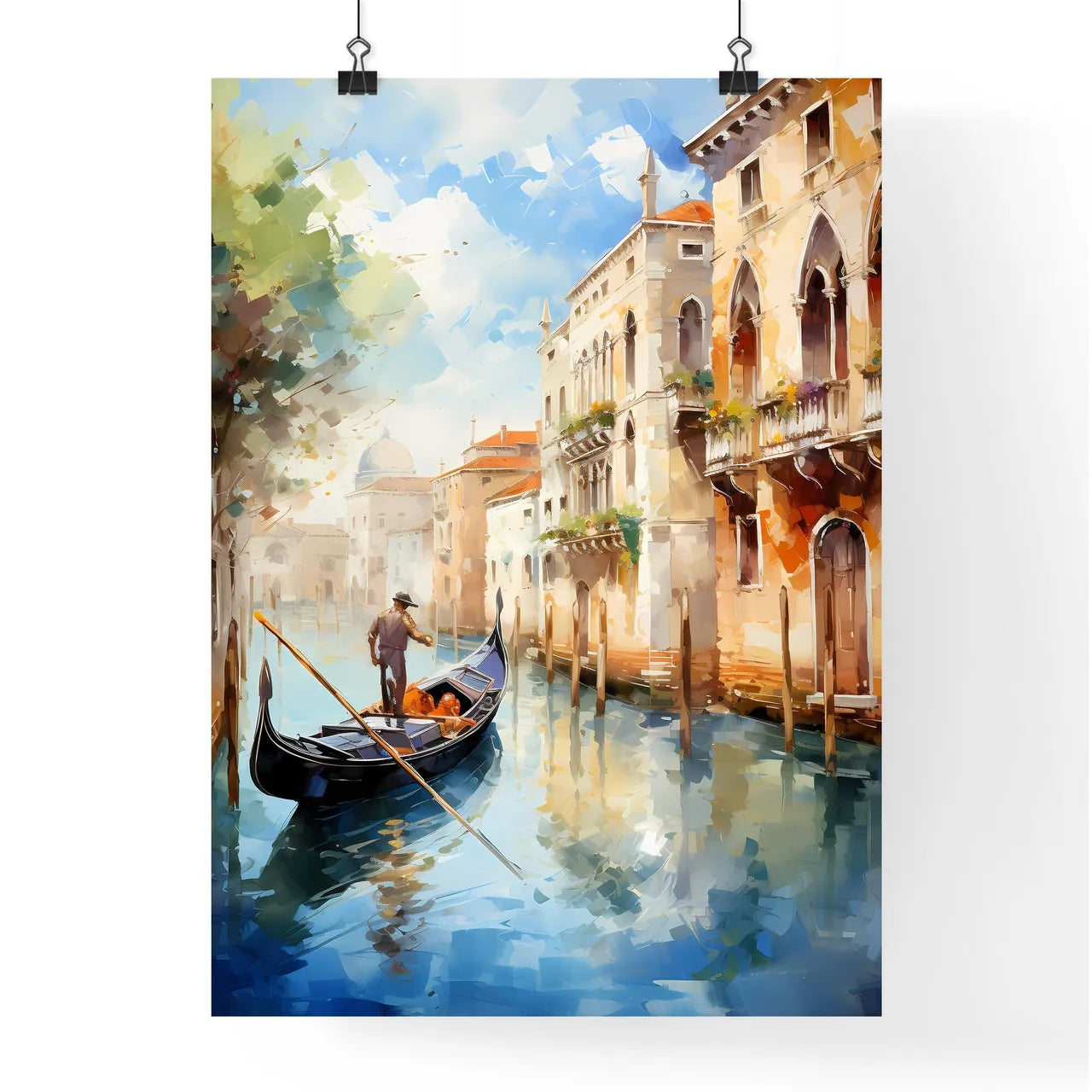 Amazing Venice - Artwork In Painting Style - A Painting Of A Gondola On A Canal With Buildings And Trees Poster