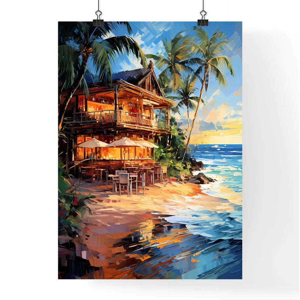 Art Summer Tropical Beach Wine Bar - A Building On A Beach With Palm Trees And A Sunset Poster
