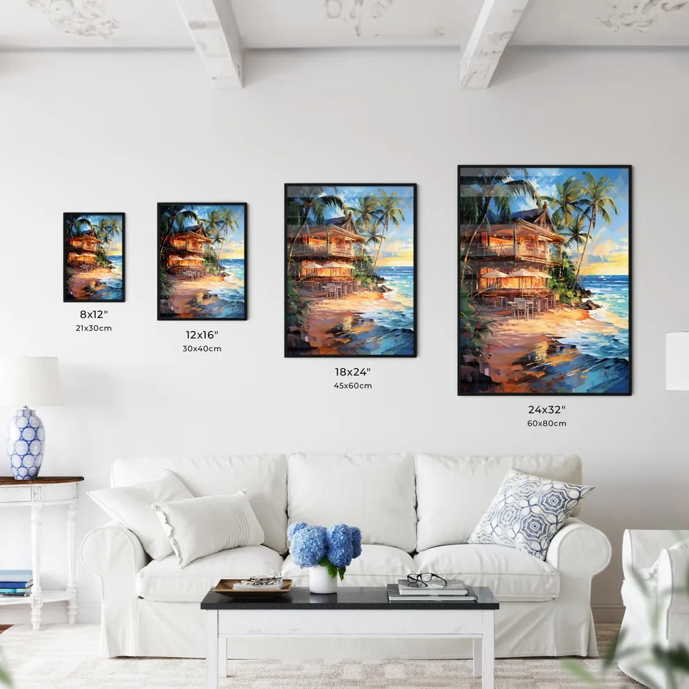 Art Summer Tropical Beach Wine Bar - A Building On A Beach With Palm Trees And A Sunset Size Chart