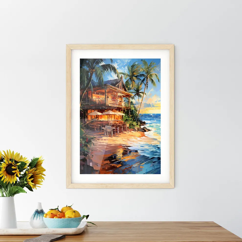 Art Summer Tropical Beach Wine Bar - A Building On A Beach With Palm Trees And A Sunset Custom Print