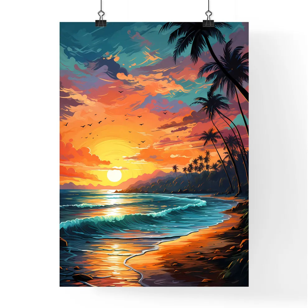 Beach Paradise Sunset With Tropical Palm Tre Poster