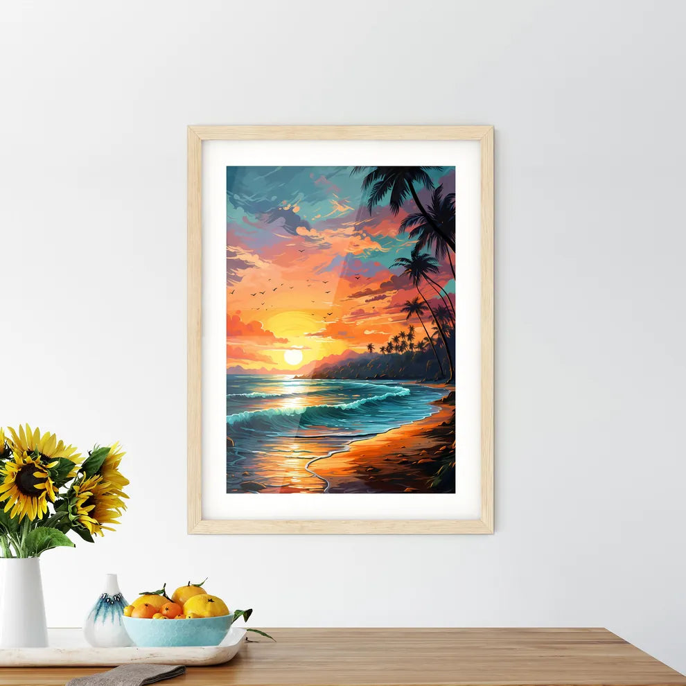 Beach Paradise Sunset With Tropical Palm Tre Framed Print