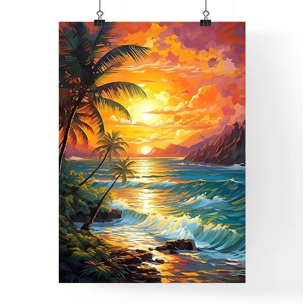 Beach Paradise Sunset With Tropical Palm Tre Poster