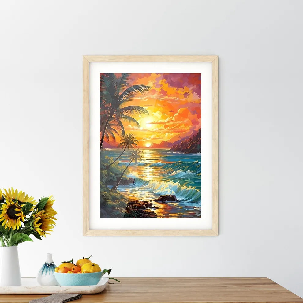 Beach Paradise Sunset With Tropical Palm Tre Framed Print