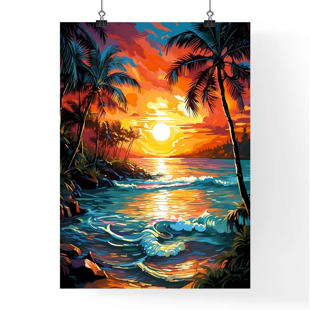 Beach Paradise Sunset With Tropical Palm Tre Poster