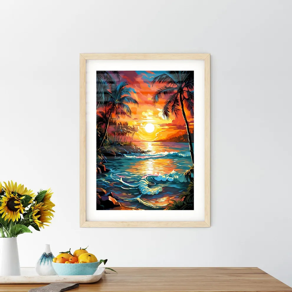 Beach Paradise Sunset With Tropical Palm Tre Framed Print